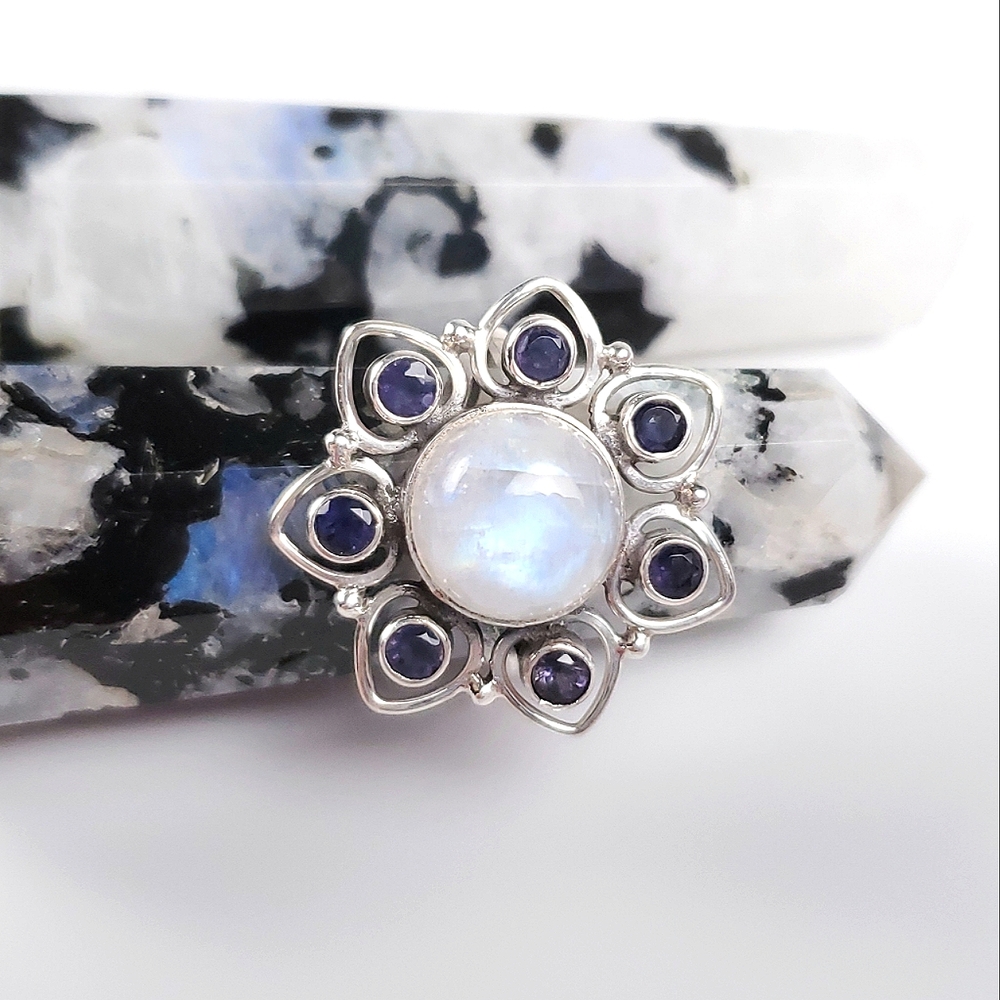 925 Sterling Silver Rainbow Moonstone and Iolite Flower Ring Size 7.5 - Picture 16 of 16